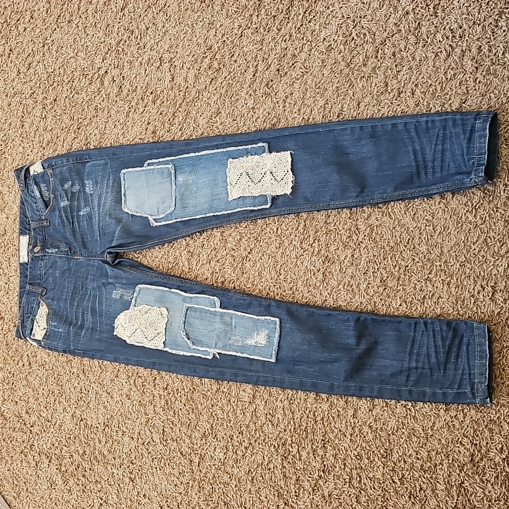 Free People Haynes Jeans Crochet Lace Patchwork Skinny Denim 27 Pants - Picture 4 of 13